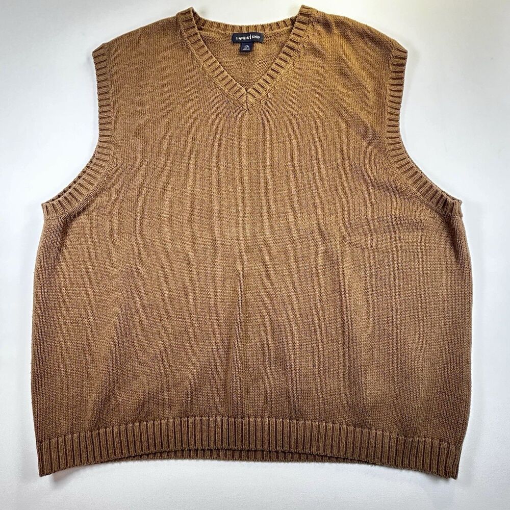 Vintage Lands End V-neck Sweater Vest Brown Tan 100% Cotton Hong Kong Mens XXL
